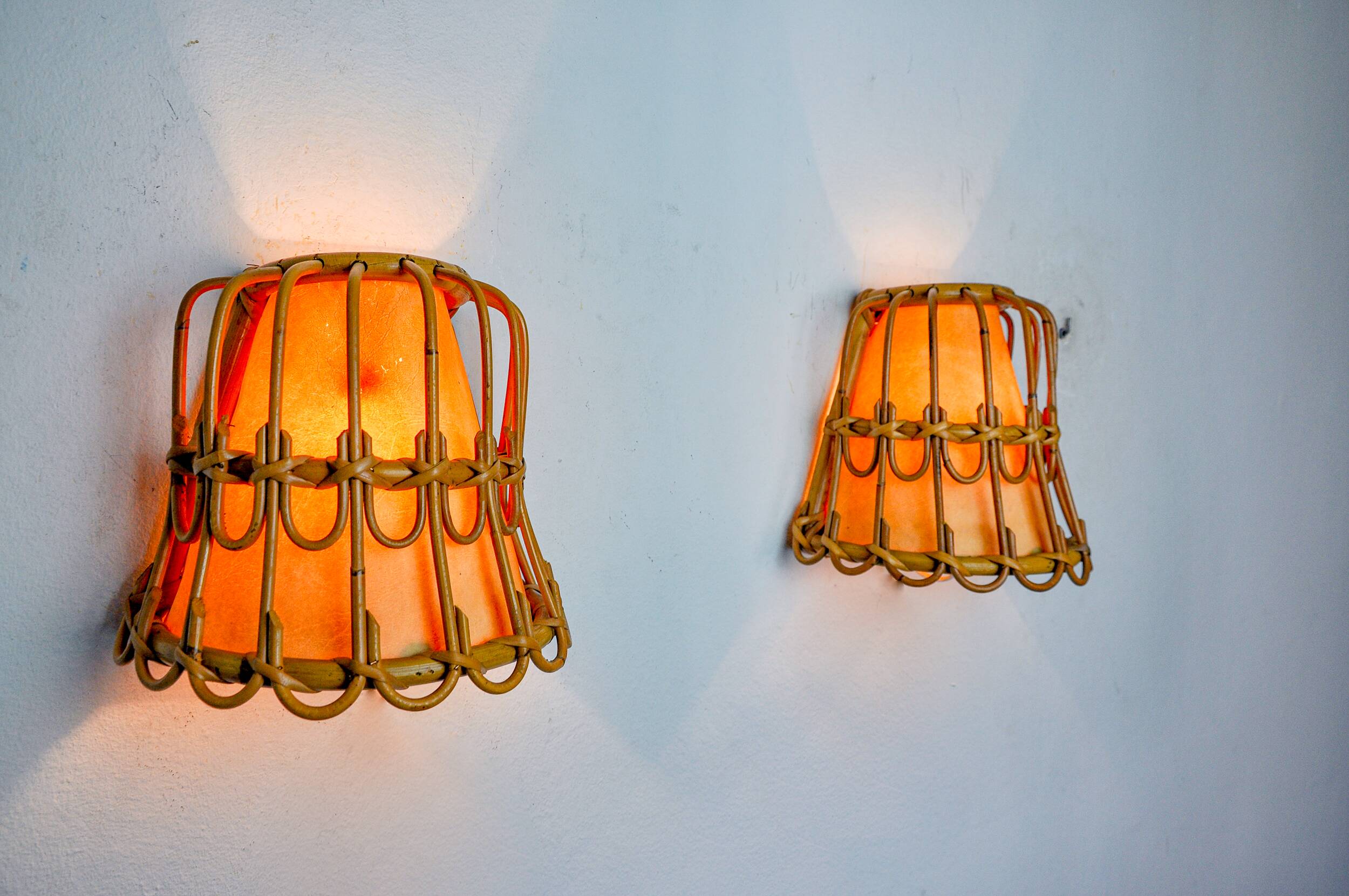 Pair of rattan wall lights, France, 1960