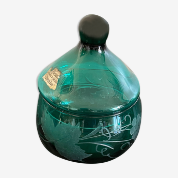 Boîte verre en cristal de Boudon verte et gravée