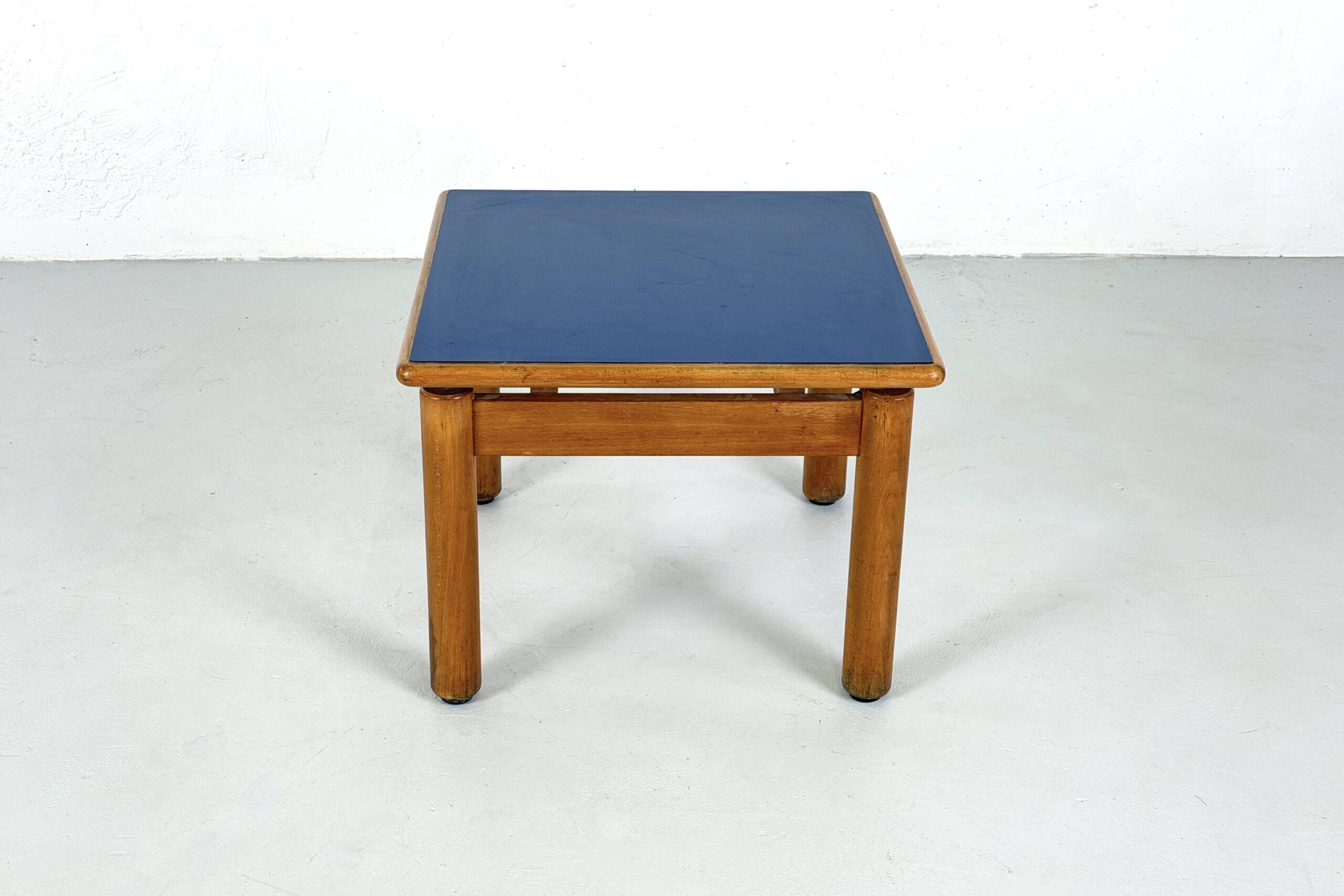 Beech coffee table with a blue formica top, France – 1960s