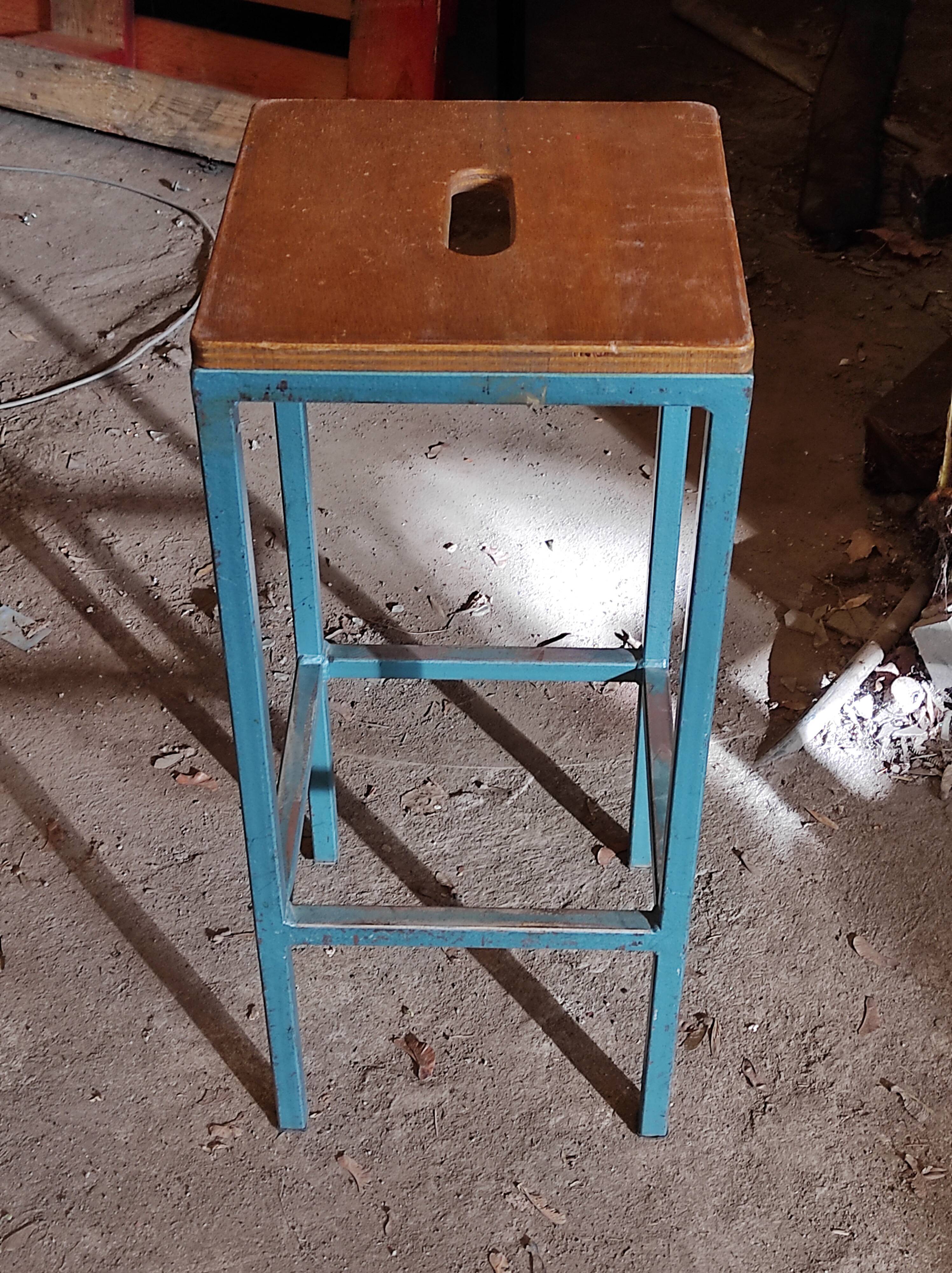 Blue metal workshop stool and industrial wood height 66 cm