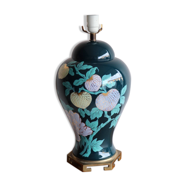 Lampe vintage en céramique émaillée à décor floral