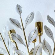 Large Pendant Lamp Vintage Pattern Bouquet Leaves, Brass, White Gold, 50s