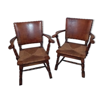 Pair of country armchairs, armrests, solid oak, straw and studded leather