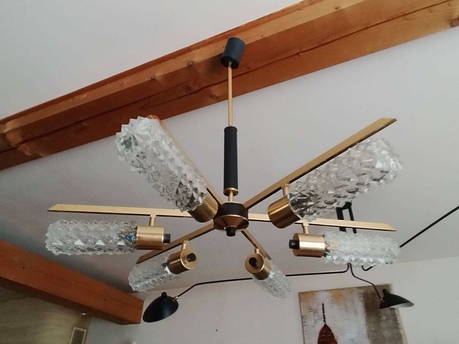 Arlus vintage brass and glass chandelier 6 lights