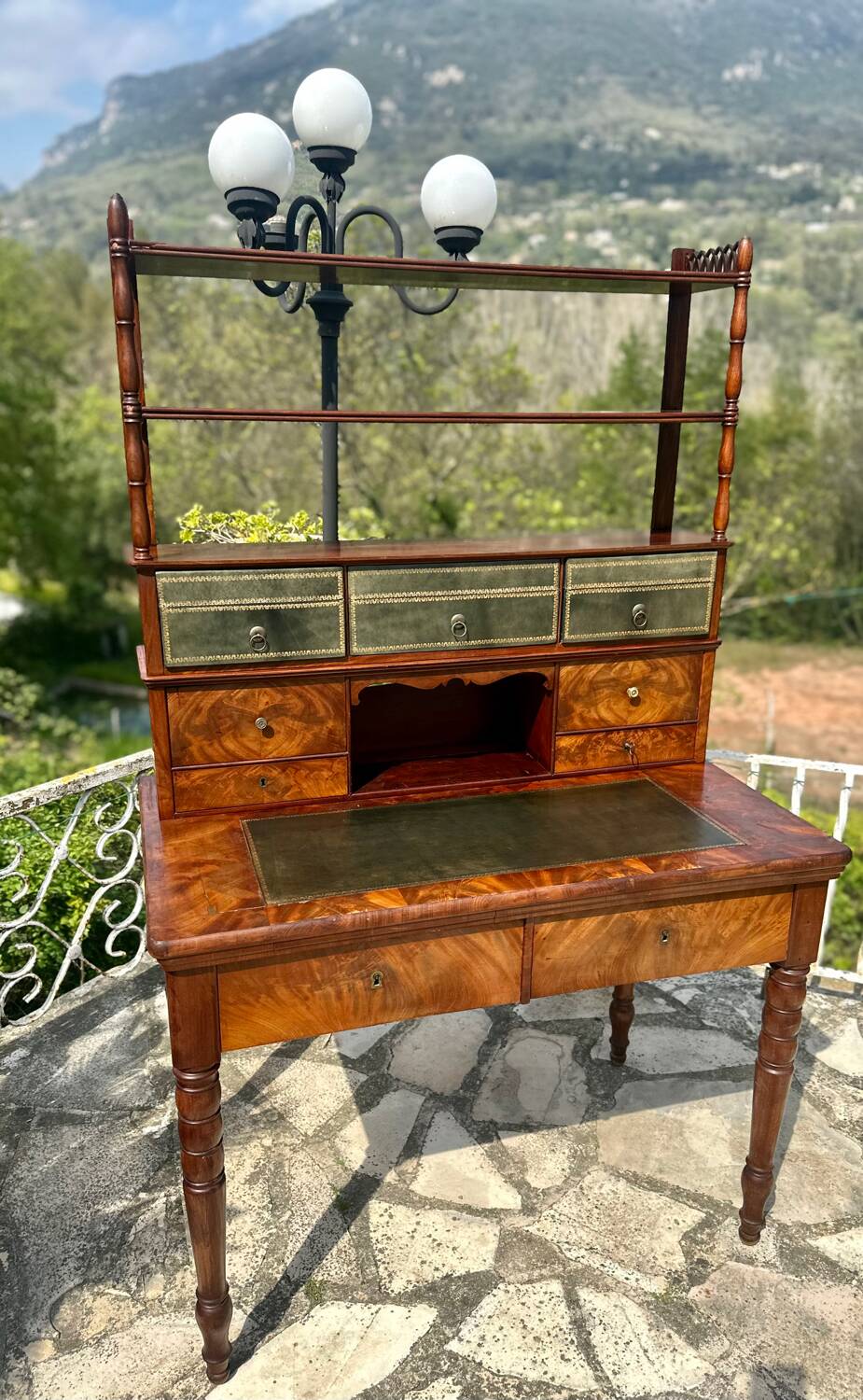 19th century flamed mahogany stepped desk