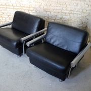 pair of armchairs, black leather & stainless steel, 1990