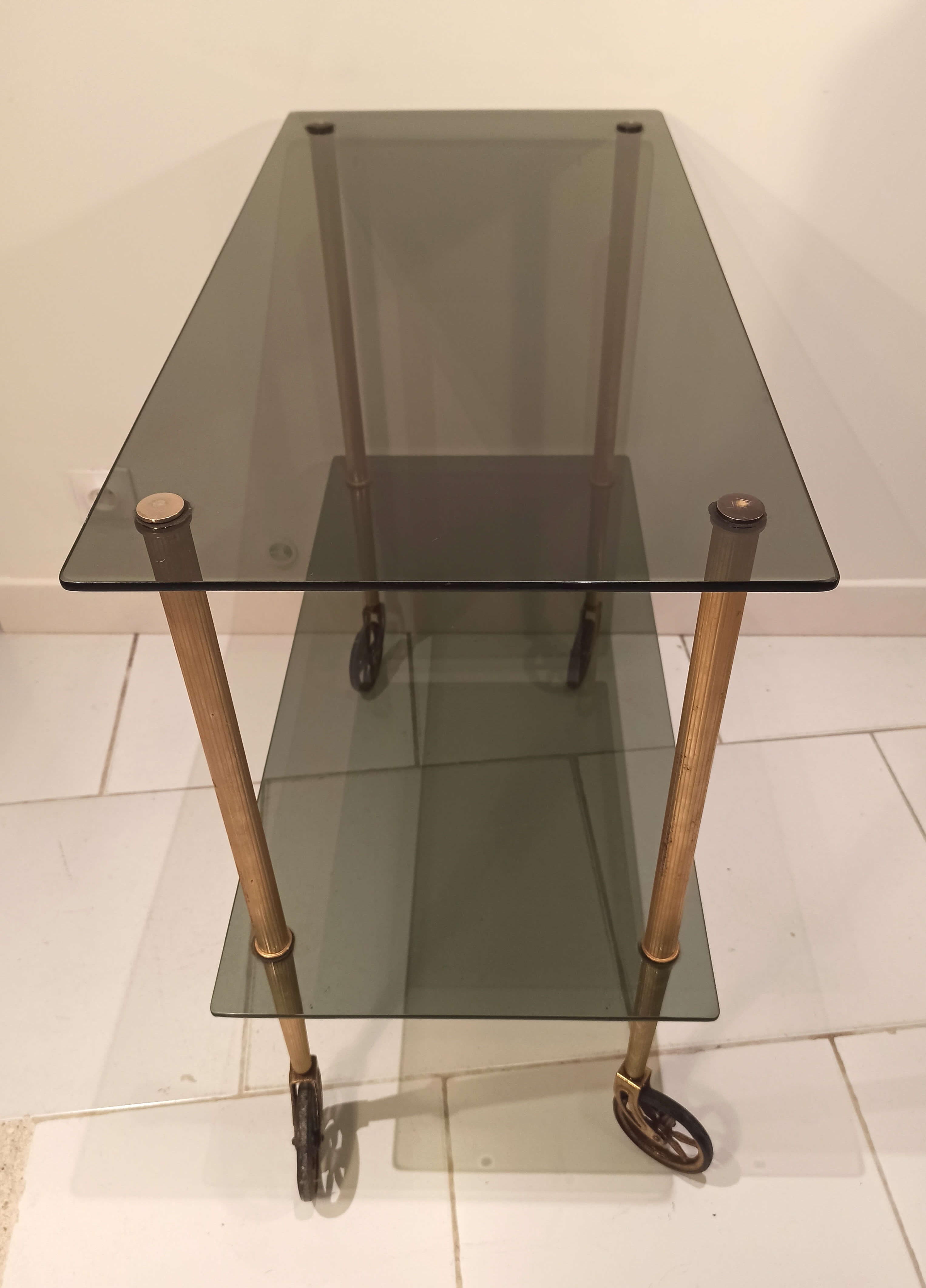 Old vintage rolling trolley, smoked glass trays, gold base