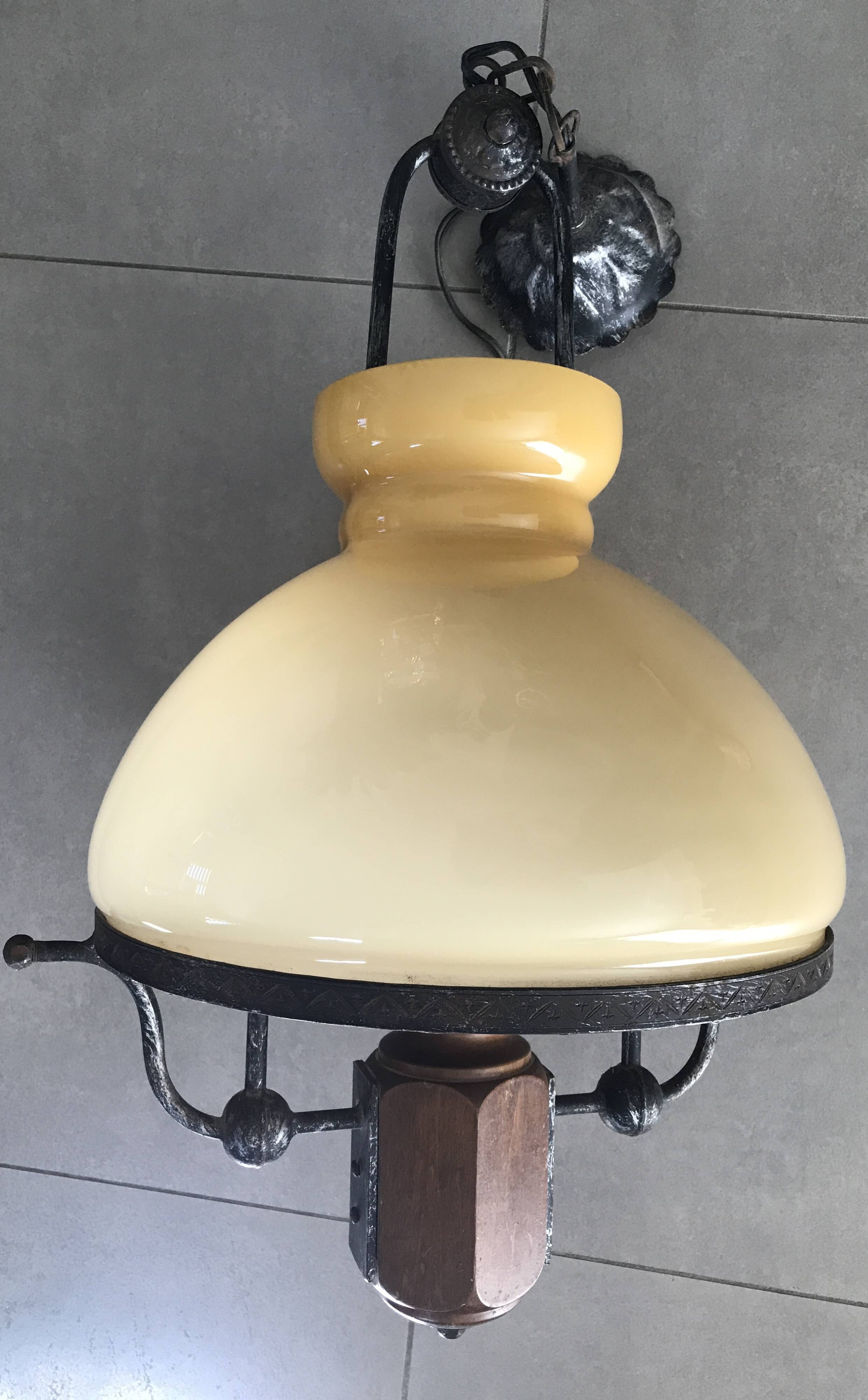 Suspension vintage wood and iron chandelier with yellow opaline lampshade