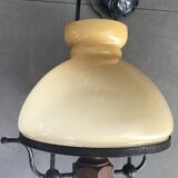 Suspension vintage wood and iron chandelier with yellow opaline lampshade