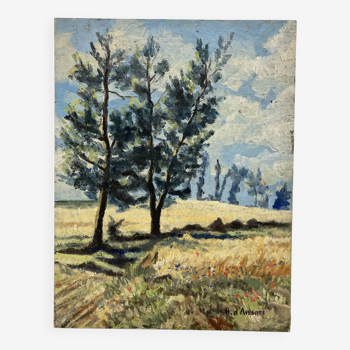 Paysage aux coquelicots huile sur panneau vintage