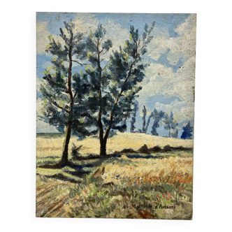 Paysage aux coquelicots huile sur panneau vintage