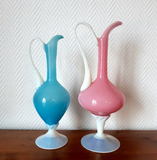 Pair of ewers in pink and blue opaline