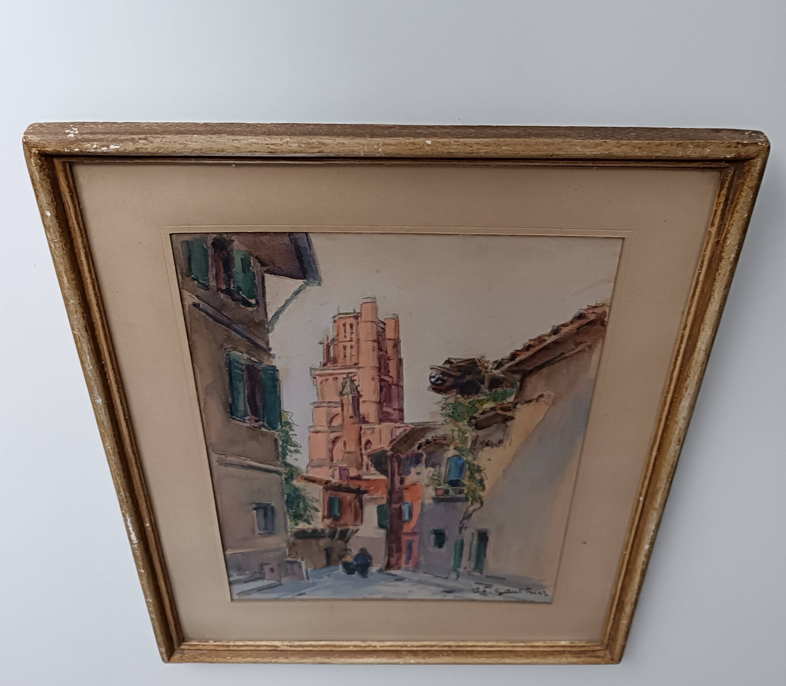 Signed watercolor painting View of Albi Cathedral