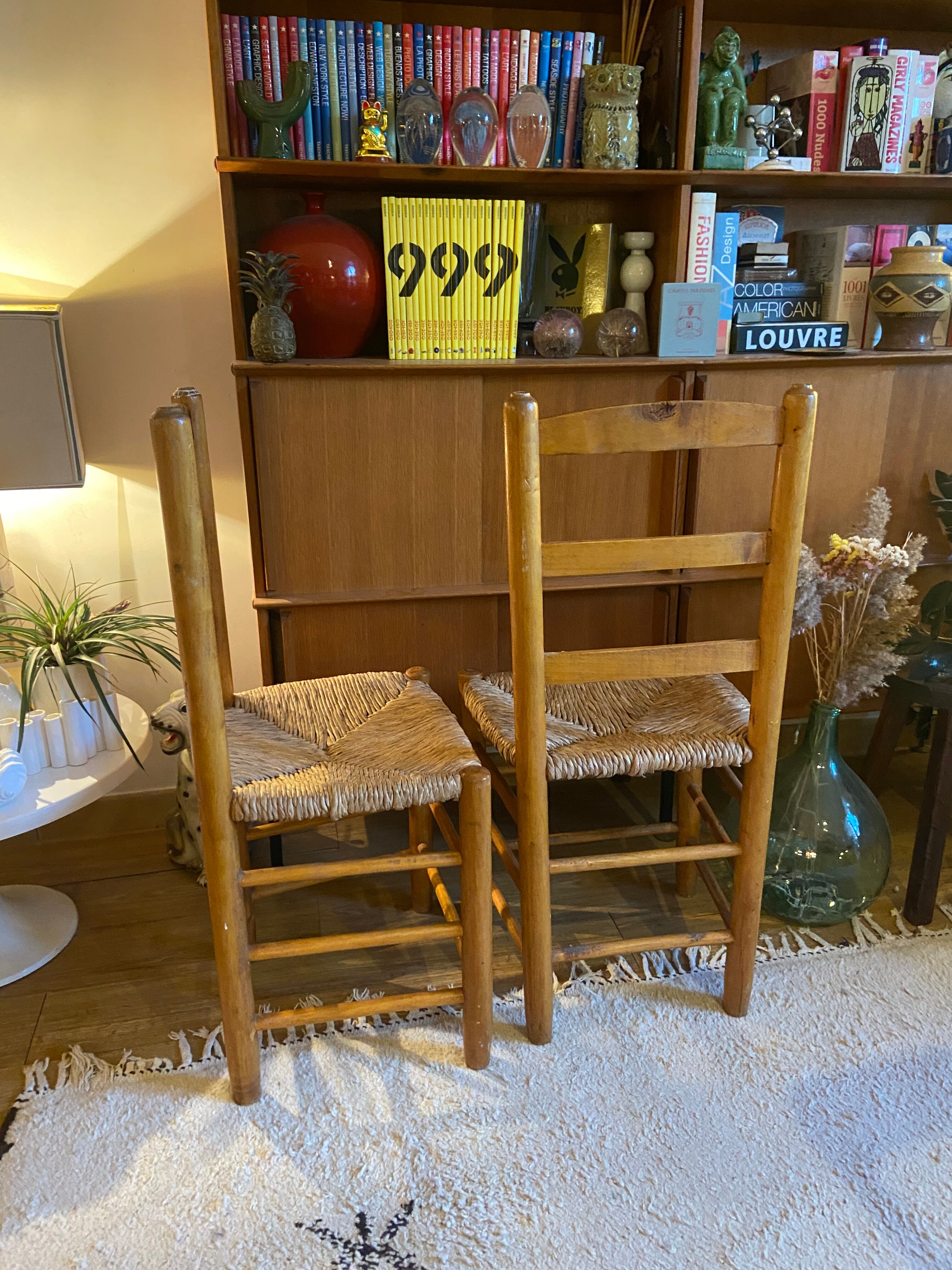 Paire de chaises en paille et bois vintage