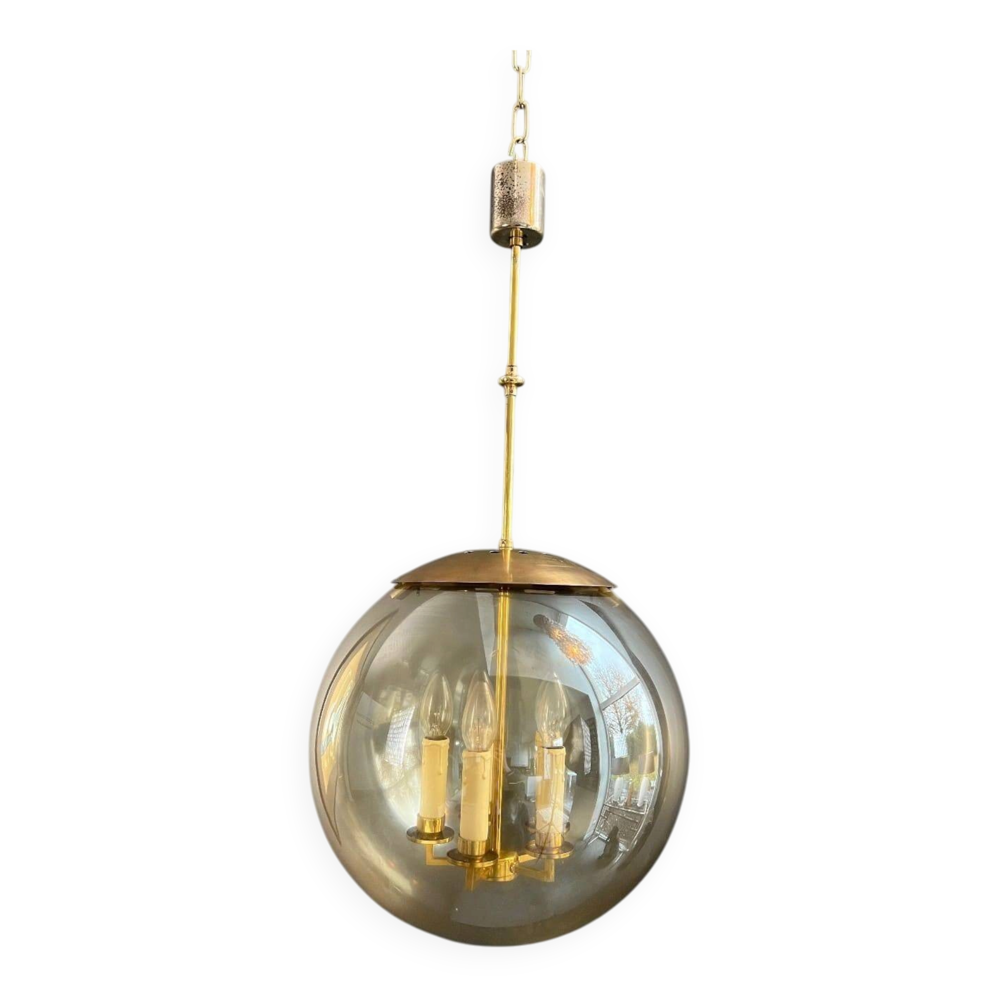 Smoked Glass and Brass Four-Light Suspension Pendant. French Work.
