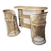 Vintage rattan and wicker bar with 2 stools – 1960s/70s