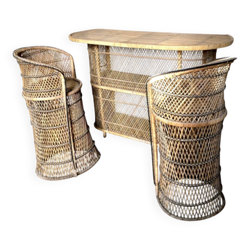 Vintage rattan and wicker bar with 2 stools – 1960s/70s