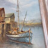 Peinture sur toile peinte à l'huile originale signée scènes de bateaux et de port du début du 20ème