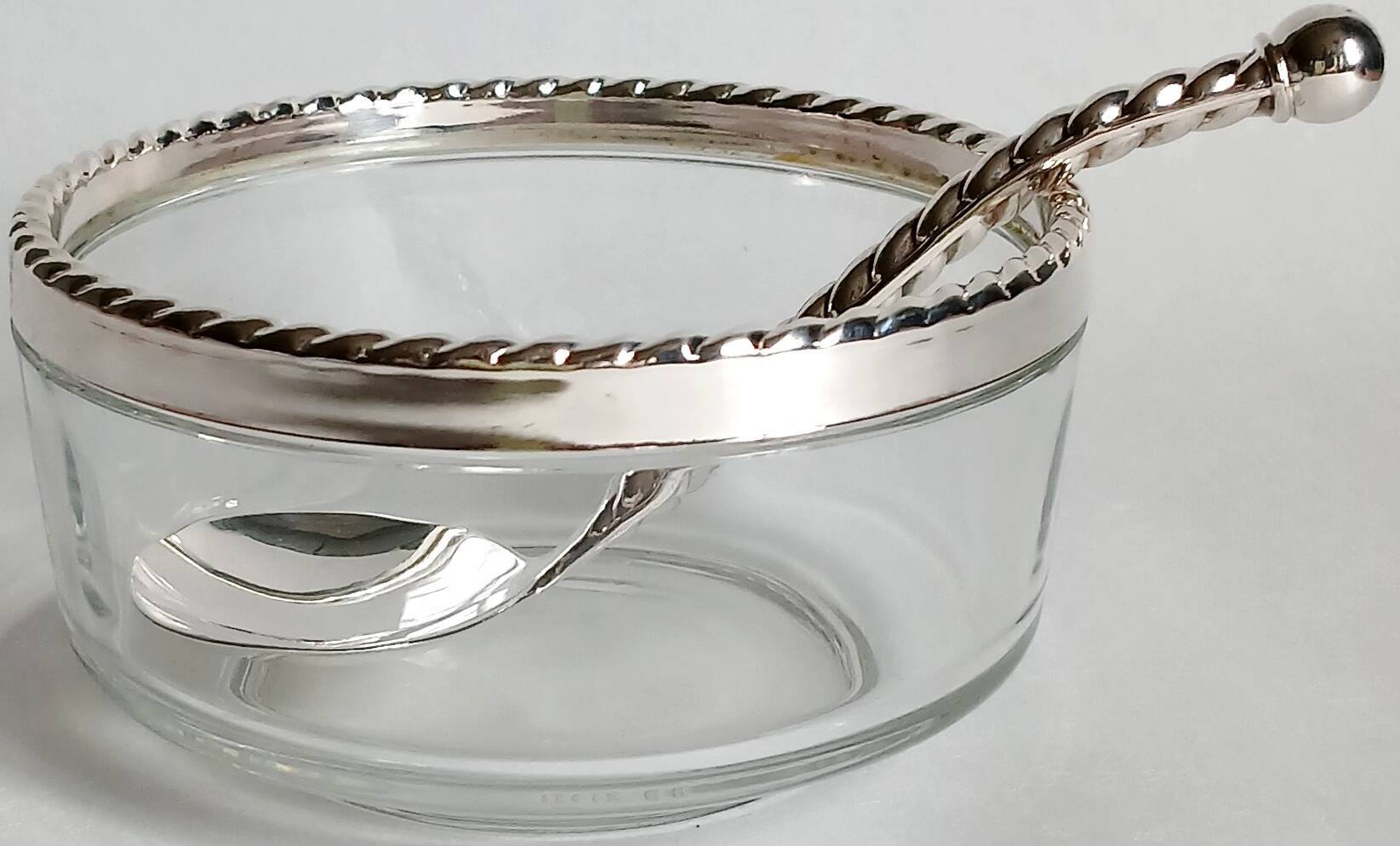 Caviar bowl & its spoon Bormioli Rocco glass & silver-plated metal, Italy 80s