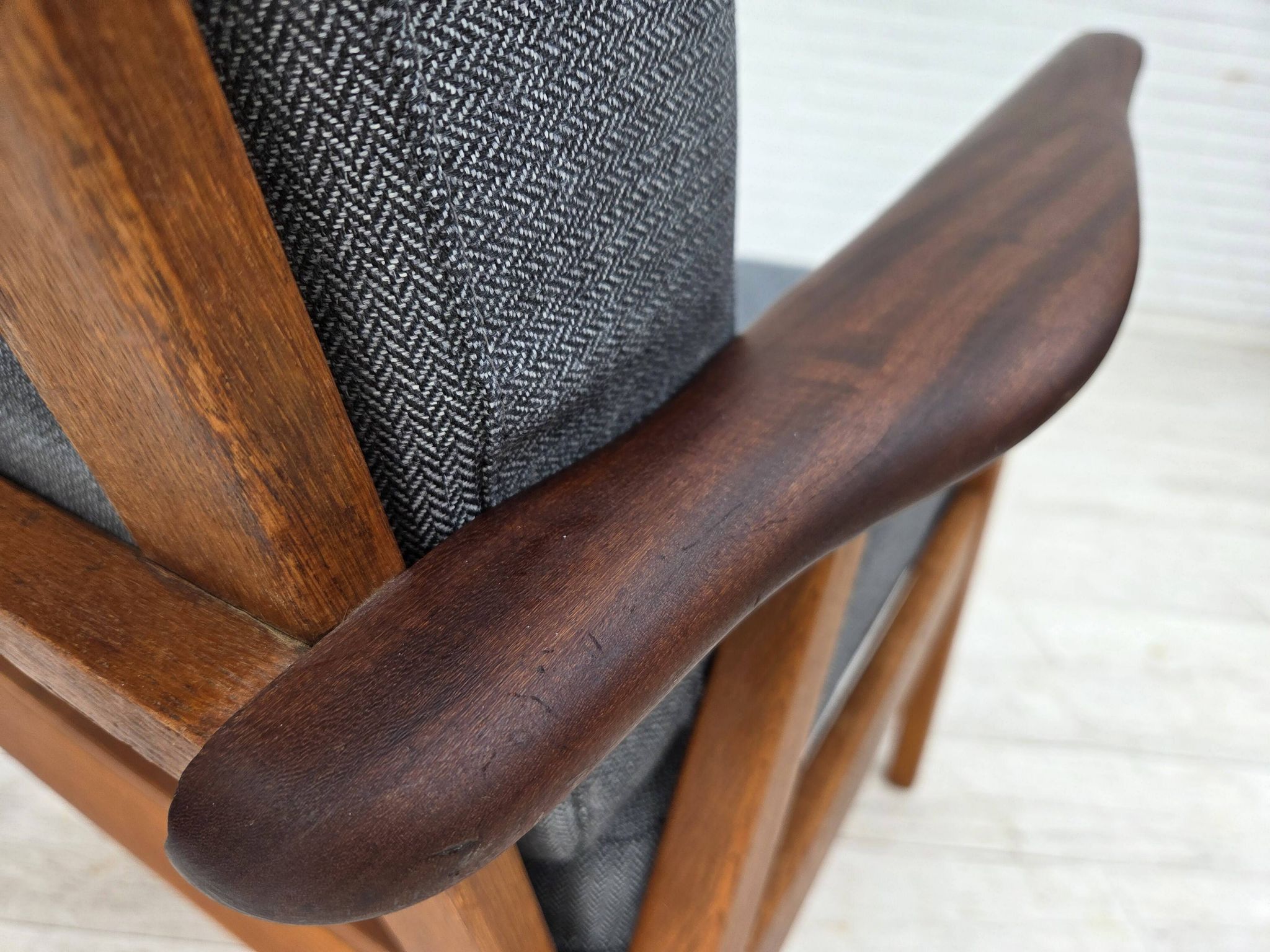 1970s, pair of Danish armchairs, reupholstered, furniture wool, teak, oak.