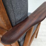 1970s, pair of Danish armchairs, reupholstered, furniture wool, teak, oak.