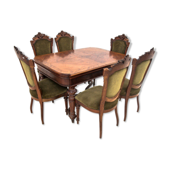 Dining set, table and 6 chairs, France, circa 1910.