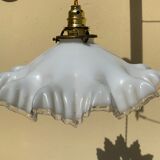 Vintage opaline glass pendant lamp pleated snowflake shape new golden threads and socket