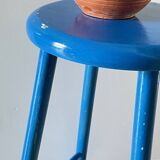 Vintage wooden stool with electric blue paint