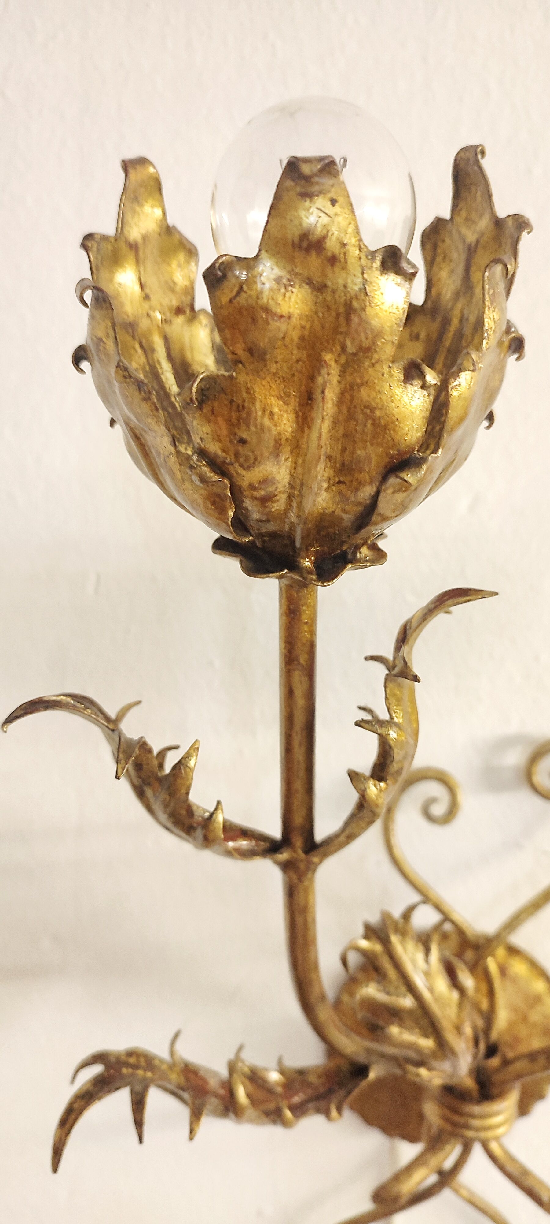 Golden wrought iron wall lamp France, 1970s