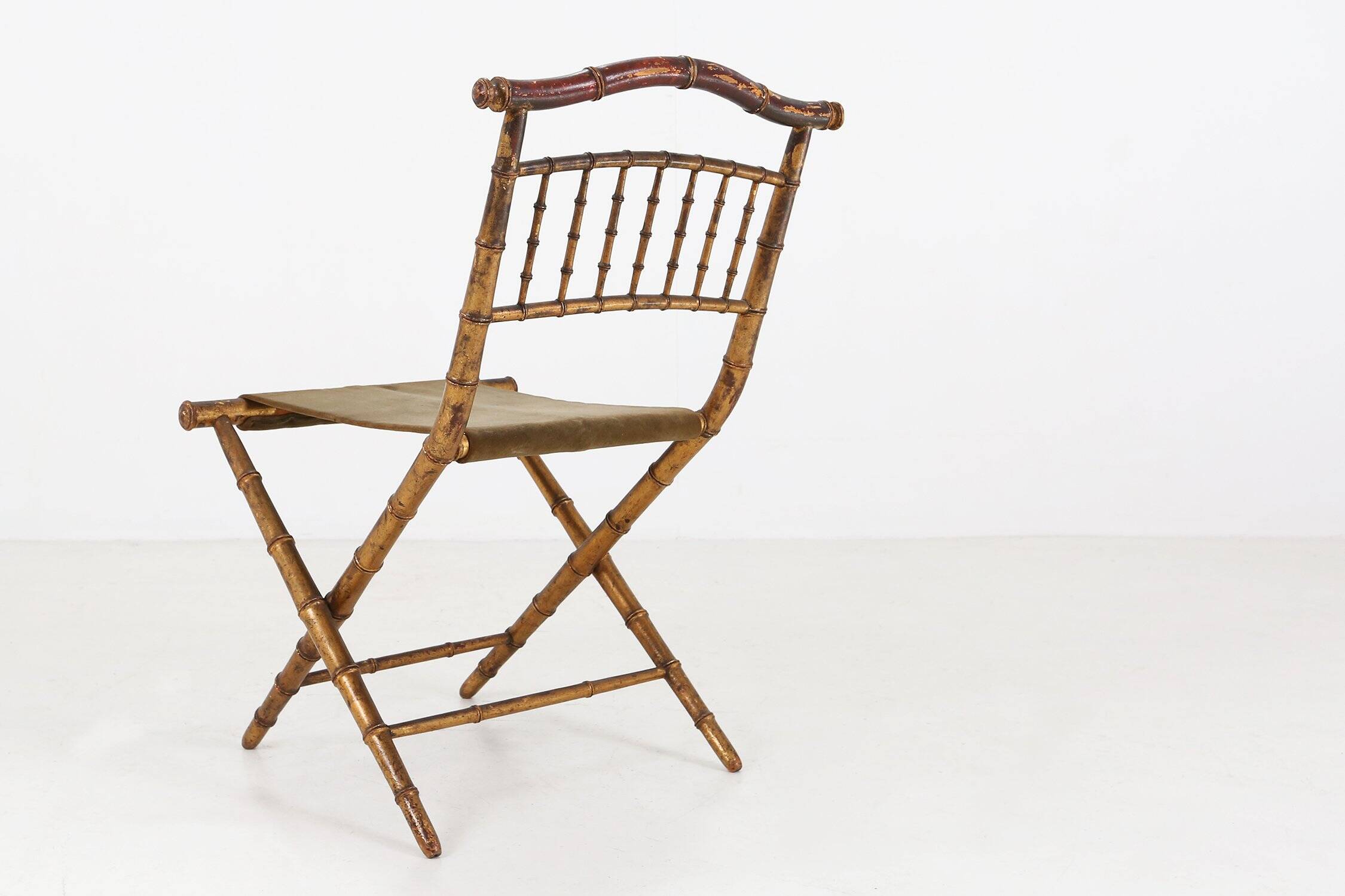 Chaise pliante en faux bambou en bois doré et tissu vert, France vers