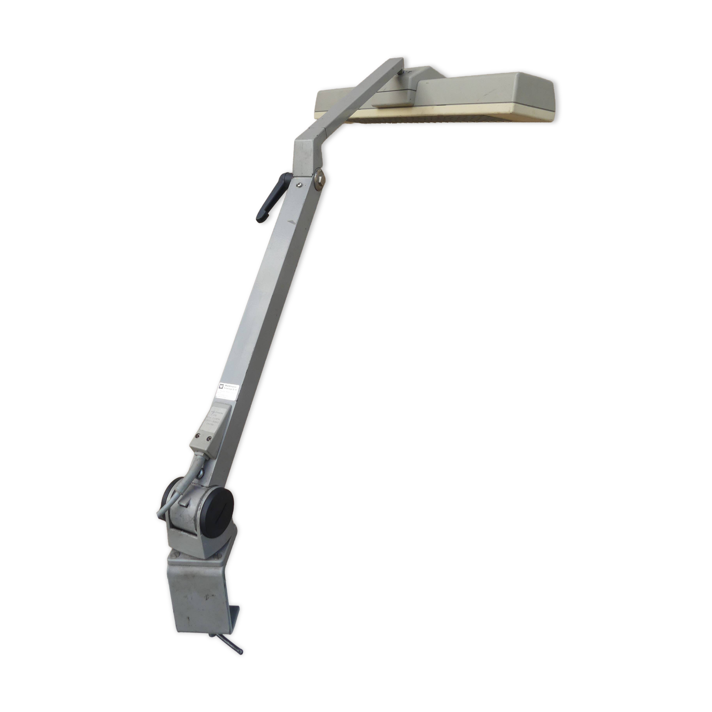 WALDMANN articulated workshop lamp with two industrial clamp arms for architects.