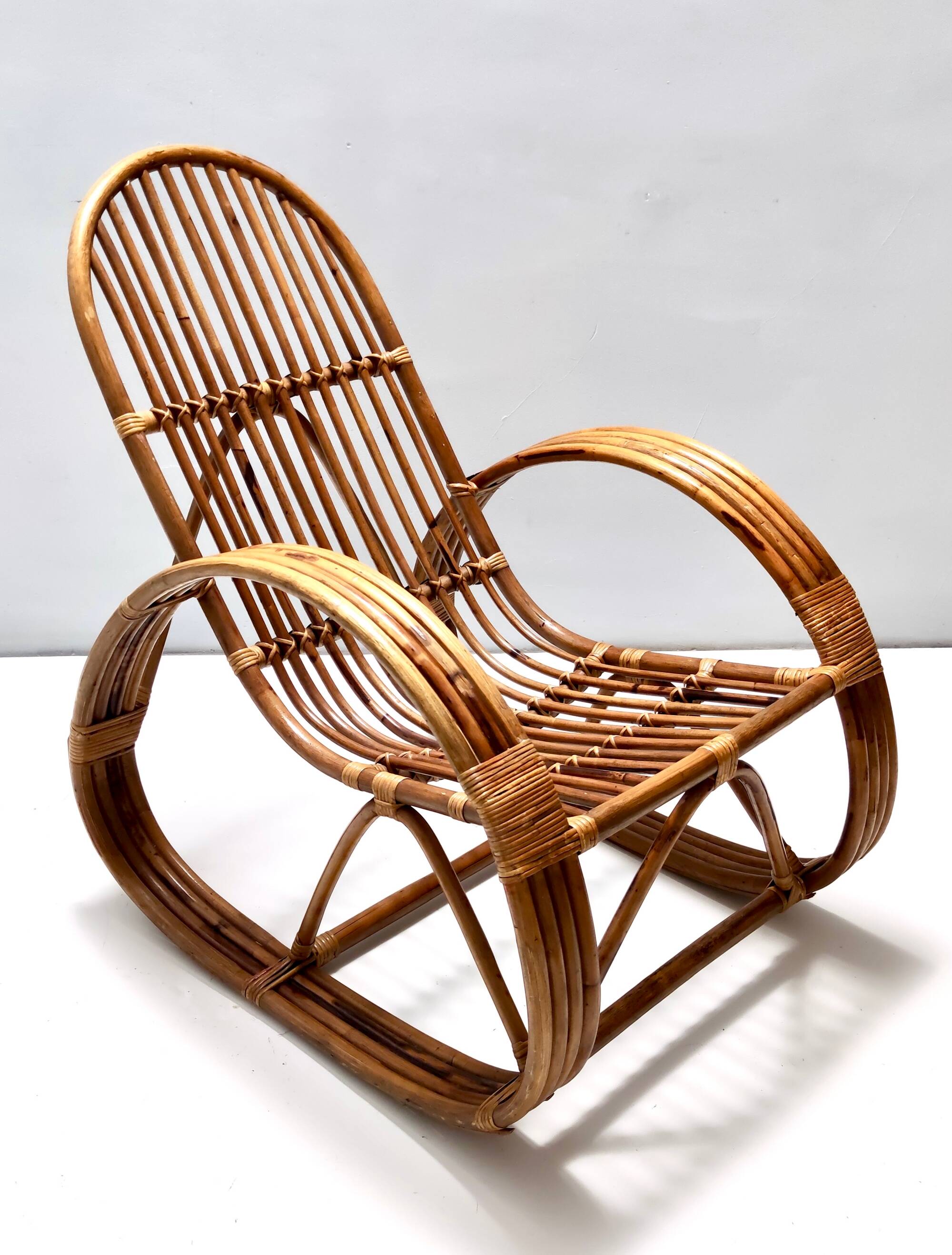 1970s Postmodern Bamboo Rocking Chair with Vintage Fabric Cushion