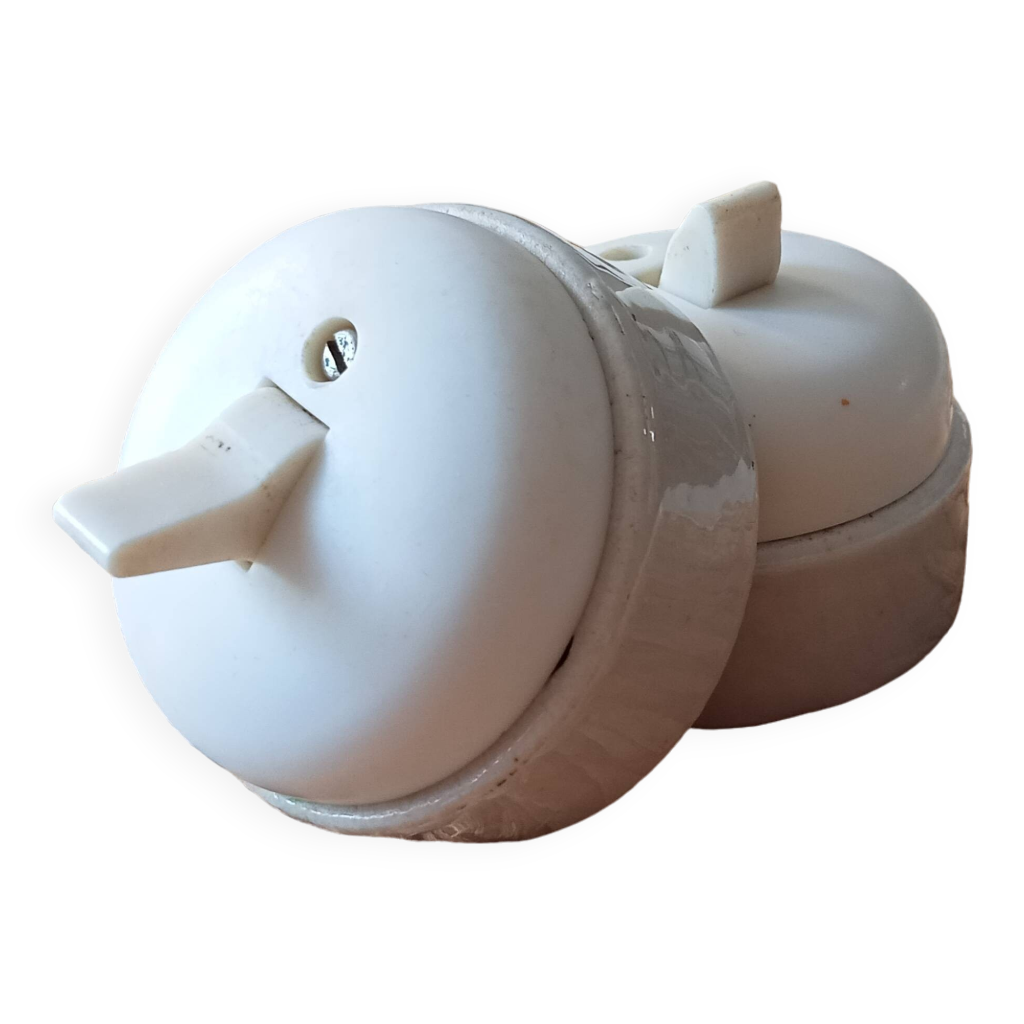 Set of 2 old two-way switches, porcelain and plastic, 50s/60s