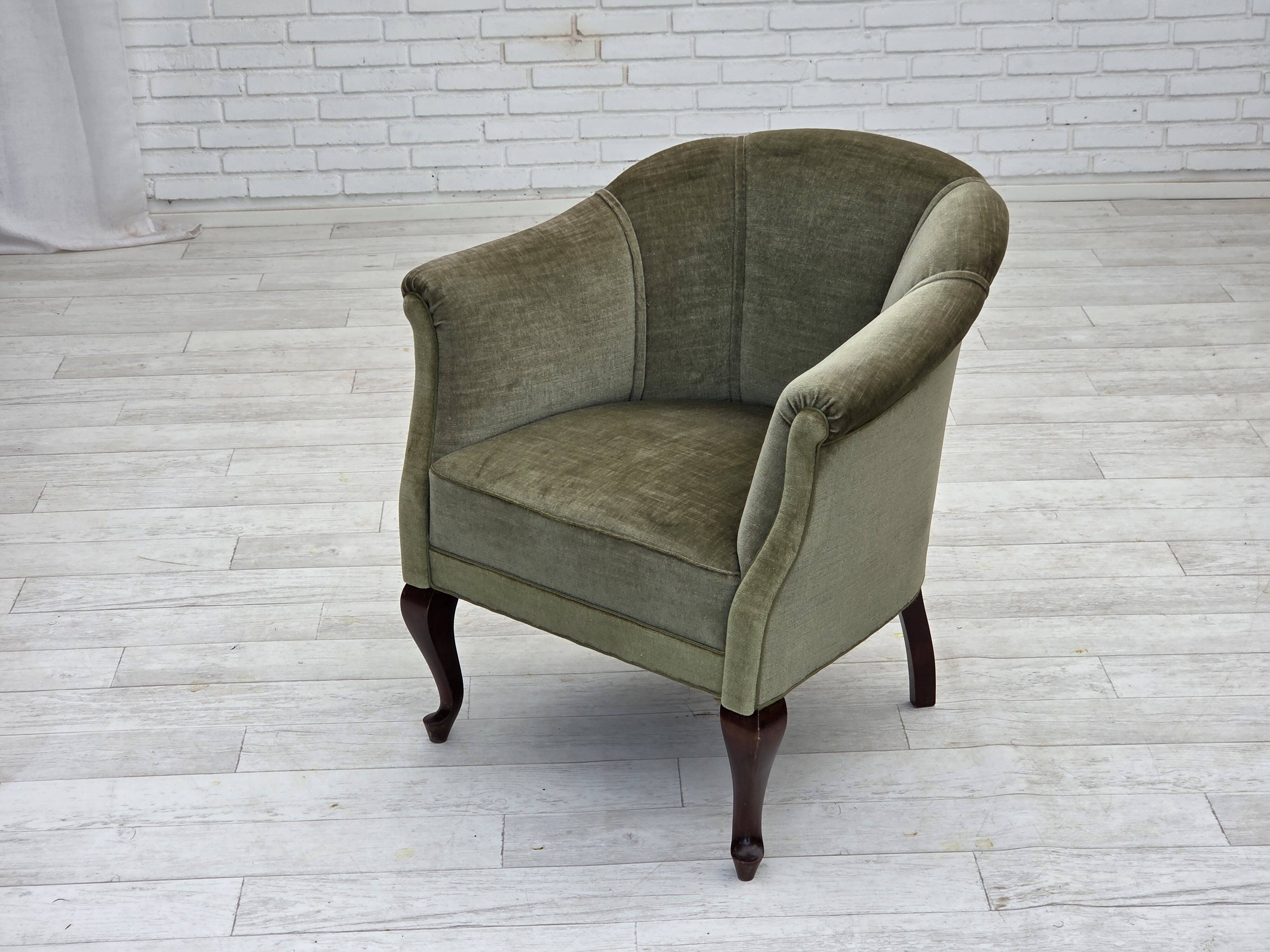 1960s, Danish armchair, green furniture velour, beech wood legs.