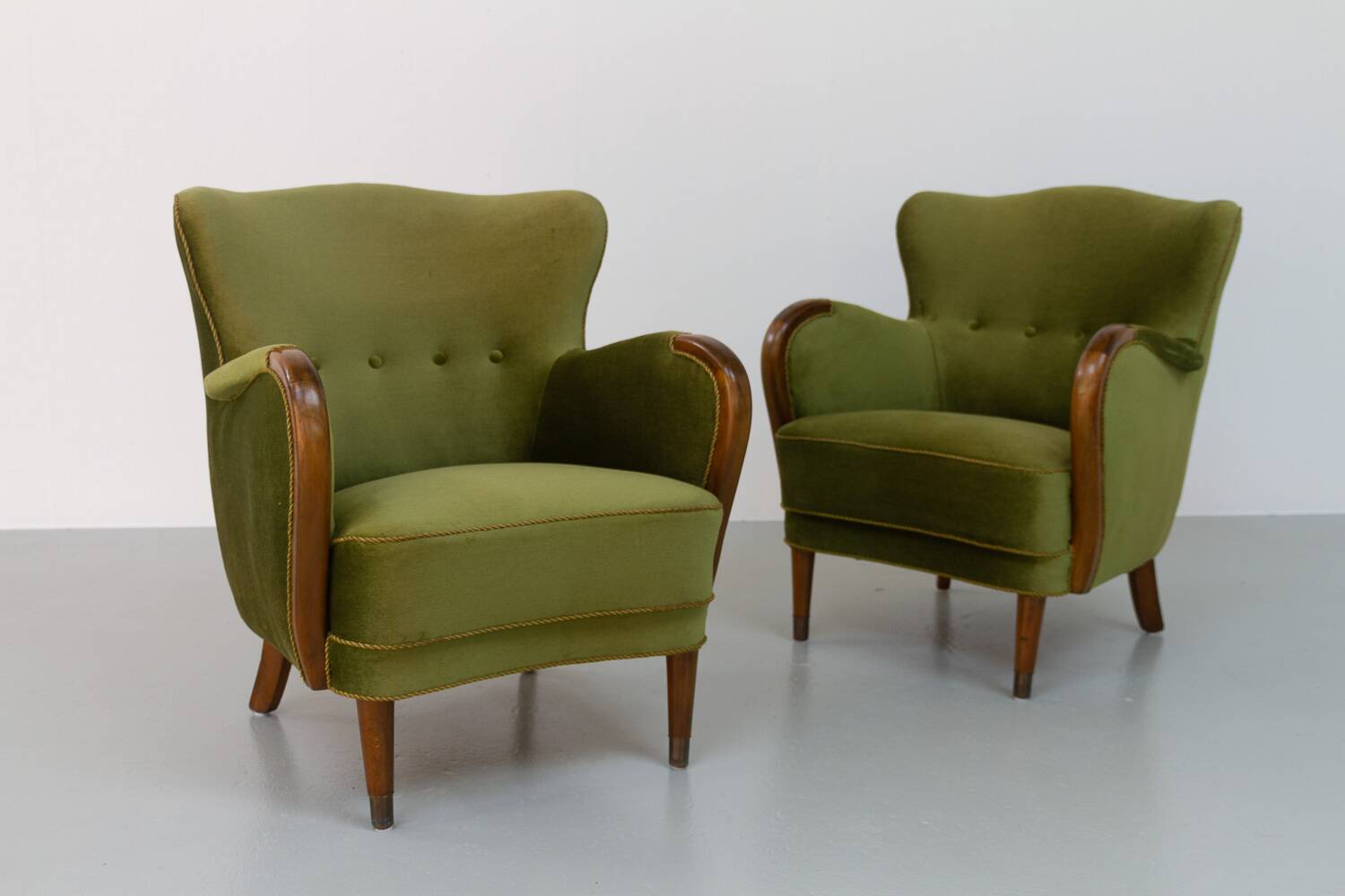 Danish art deco green velvet lounge chairs, 1940s. set of 2