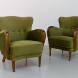 Danish art deco green velvet lounge chairs, 1940s. set of 2