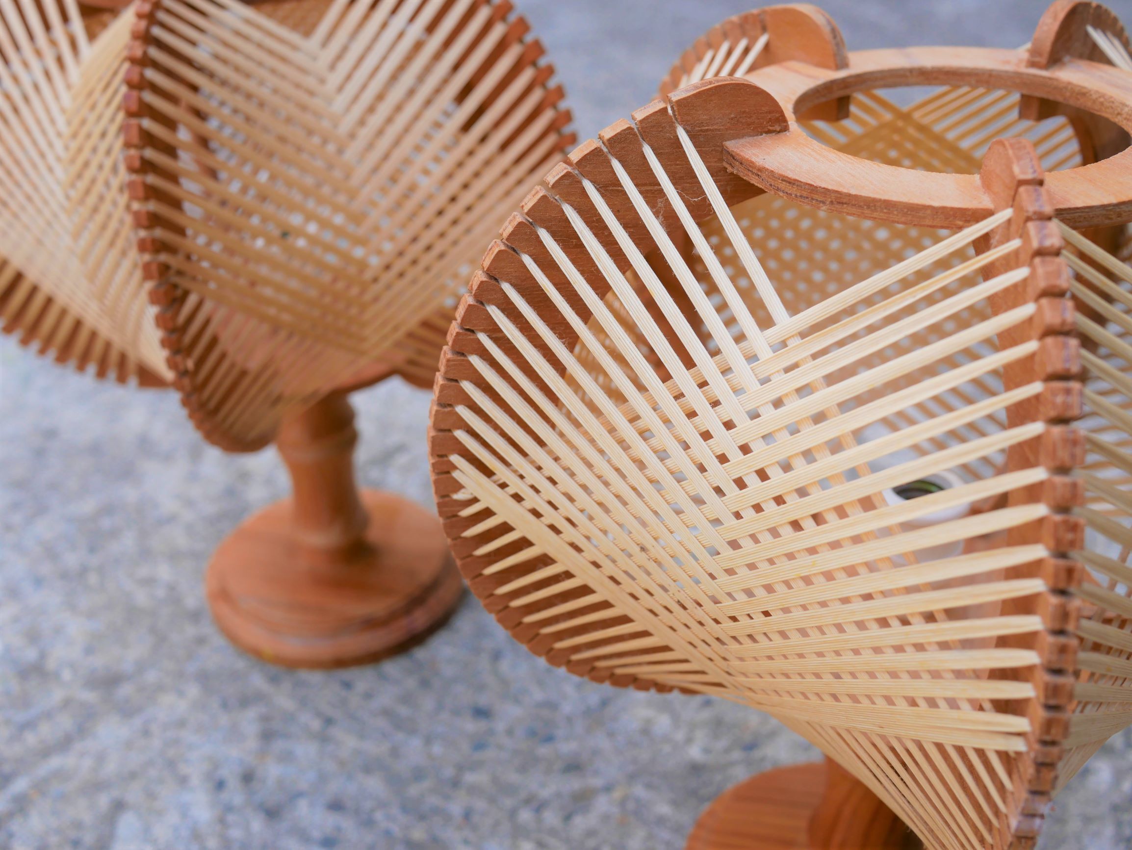 Pair of Scandinavian vintage wood and wire bedside lamps