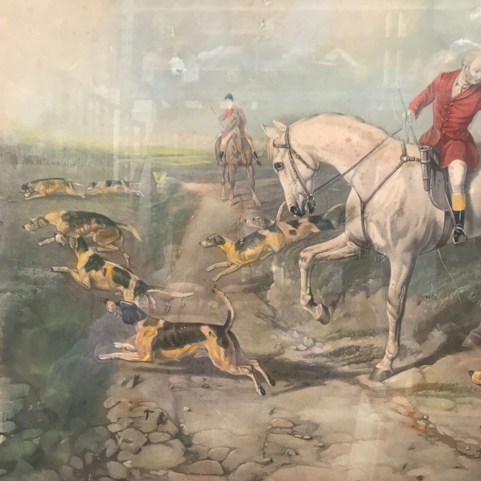 Framed English engraving "The hunt" 20th century