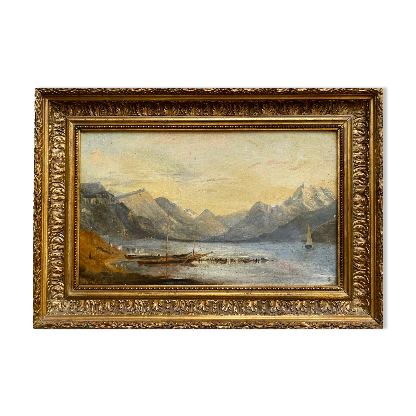 Marine painting "animated lake landscape" HST Italy Switzerland? Nineteenth century