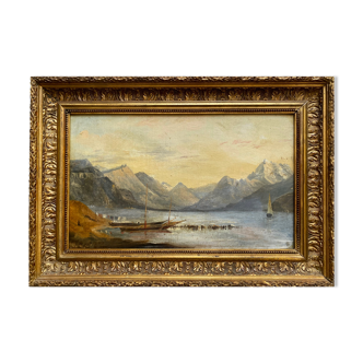 Marine painting "animated lake landscape" HST Italy Switzerland? Nineteenth century