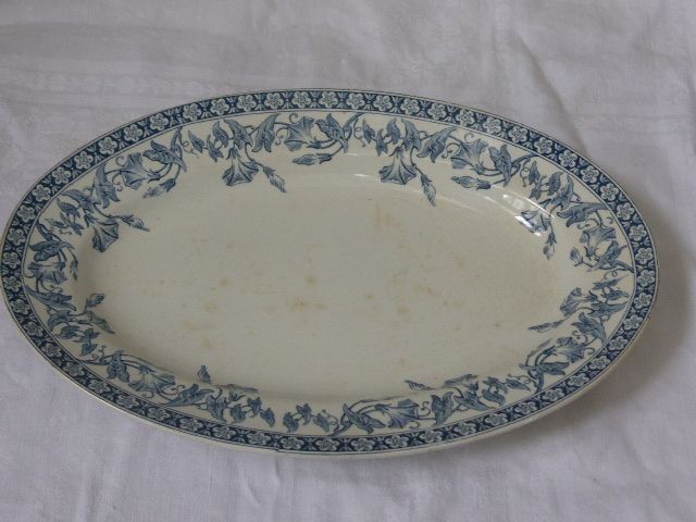 Serving dish in earthenware hamage, st amand model volubilis, blue bindweed on white earthenware, art deco