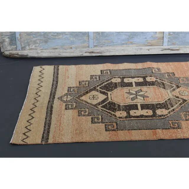 1970s Vintage Turkish Oushak Handmade Wool Cotton Orange Runner Rug 95x374