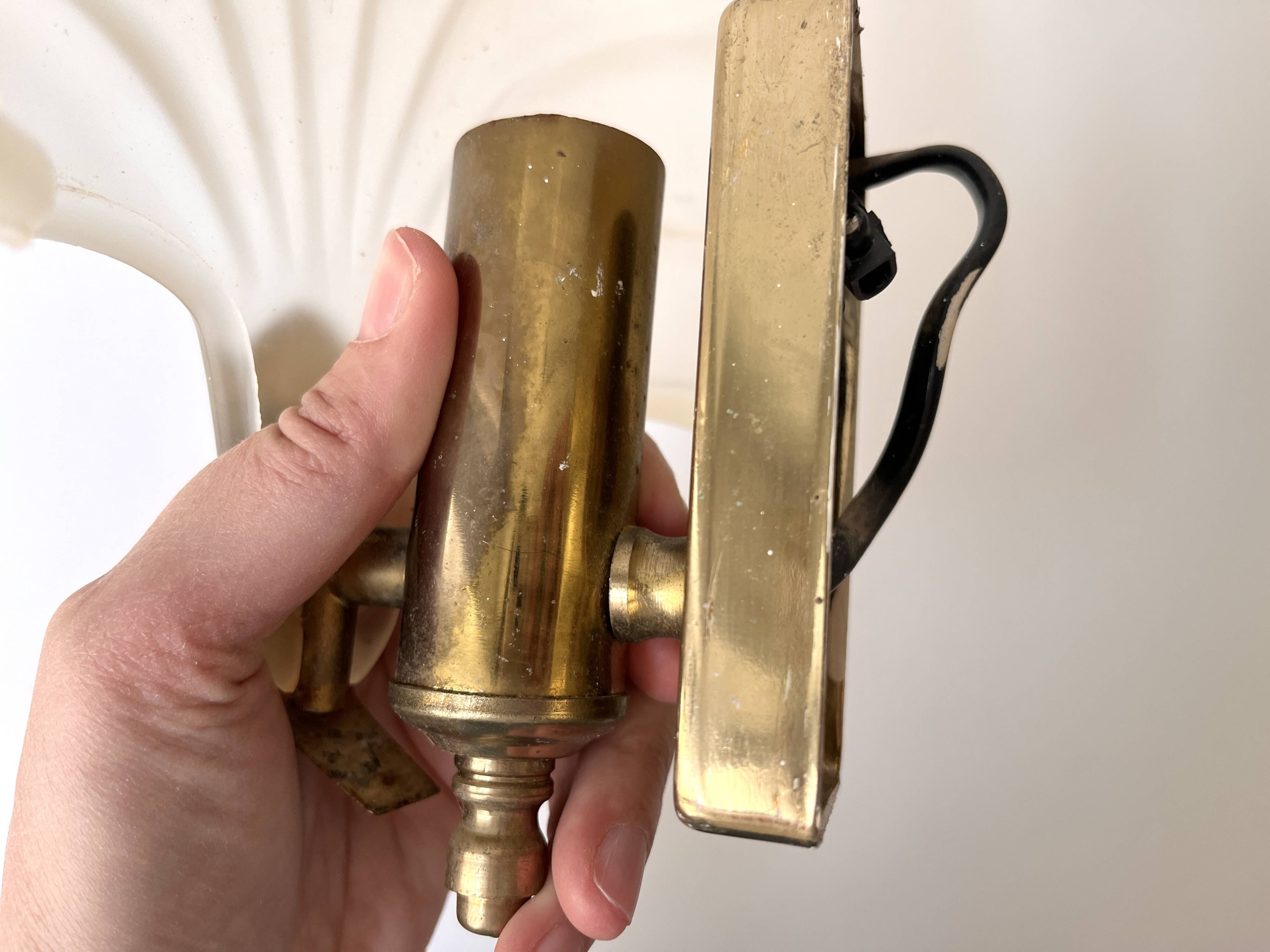 Pair of vintage shell glass wall lights, Art Deco style fixtures.