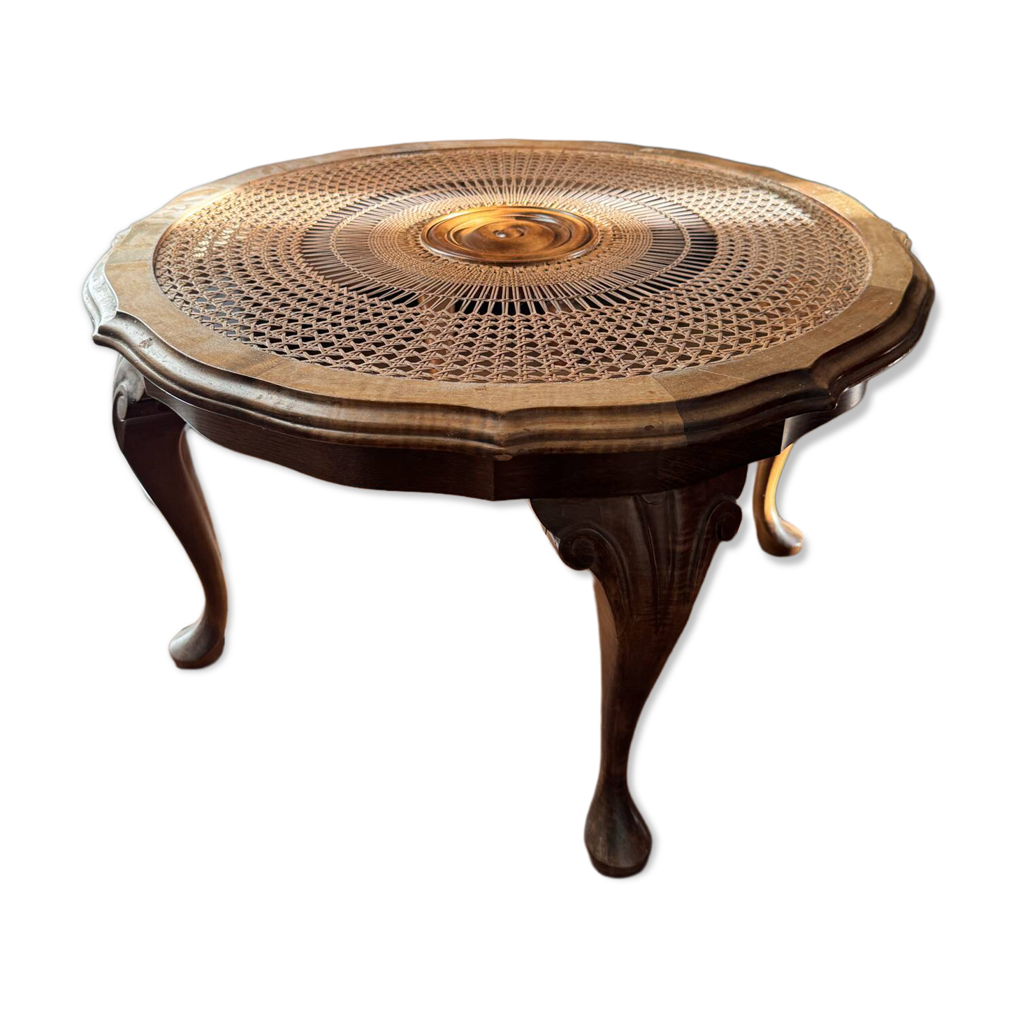 Round coffee table in Louis XV style, with sun cane and glass top.