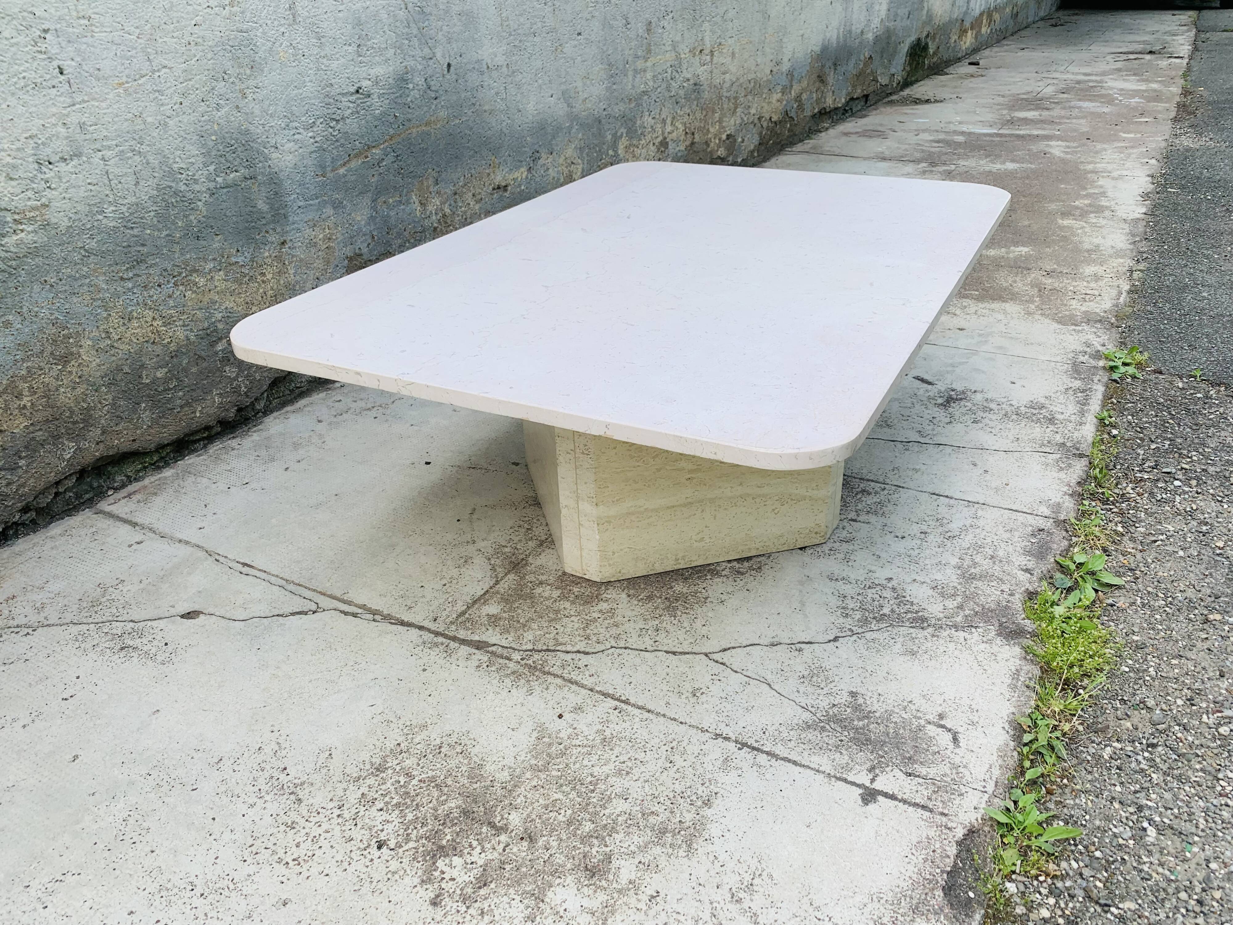 Rectangular travertine coffee table central foot