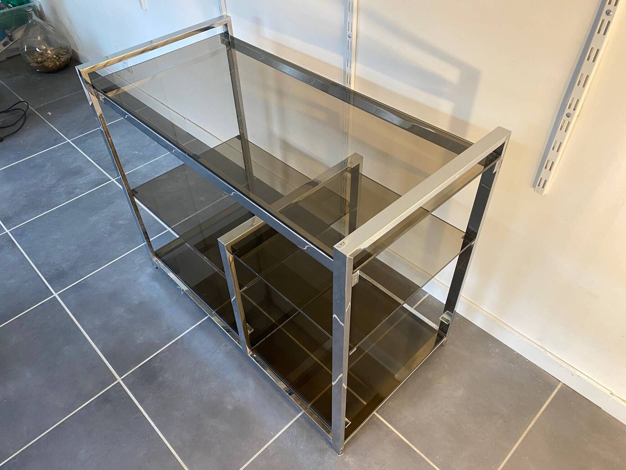 TV storage unit in chrome steel and vintage glass 1970