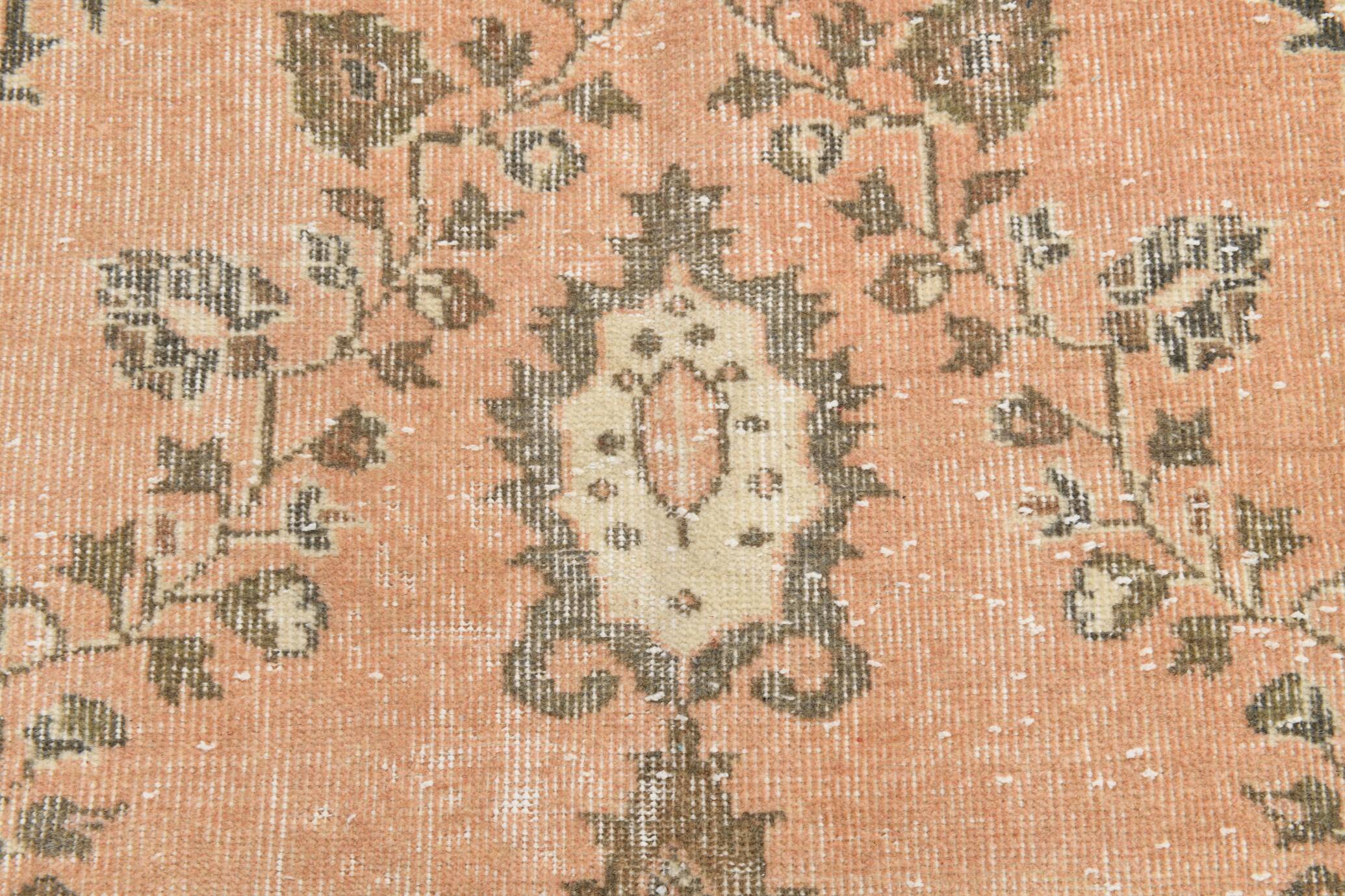 Tapis persan vintage saumon et ivoire, médaillon floral noué main,182x284Cm