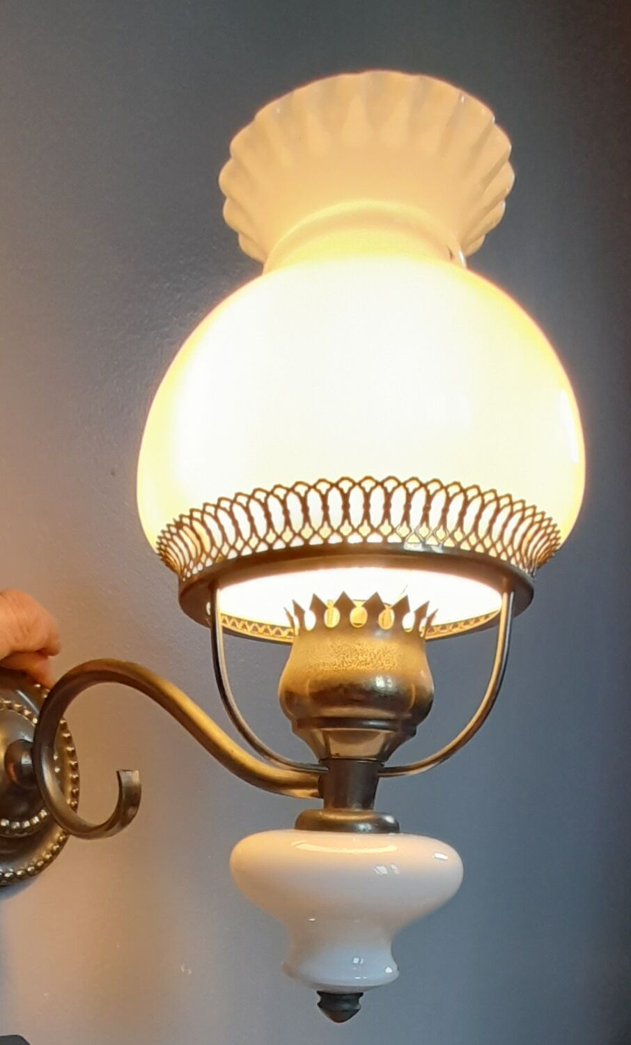 White opaline wall lamp metal, vintage 1960