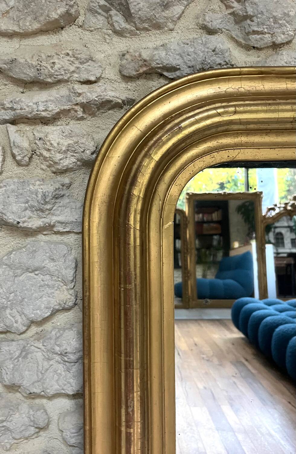 Antique mirror 136.5/98cm Louis-Philippe pearl-gilded with gold leaf.