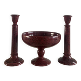 Bougeoirs et coupe en céramique mouchetée .